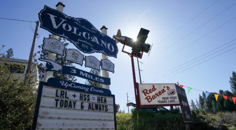 A street sign for Volcano, California, stands at a cross street of Volcano and Pine Grove, where Volcano Communications is headquartered.