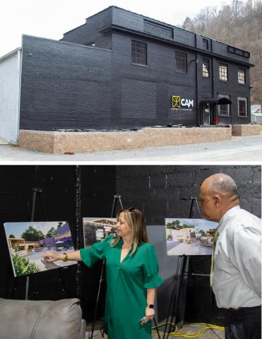 Composite image of external CAMS shot and Jodi Reynolds walking State Director Perry Hickman through planned upgrades using artist renderings.