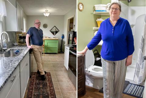 Composite image of Eric in the renovated kitchen and Mary Ann in one of the updated bathrooms
