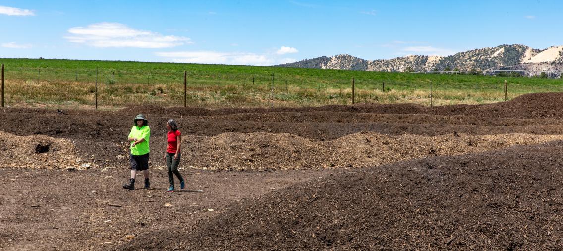 A woman and a man walk along tall rows of compost in various stages of production. In the background is a green open field and high Colorado mountains.