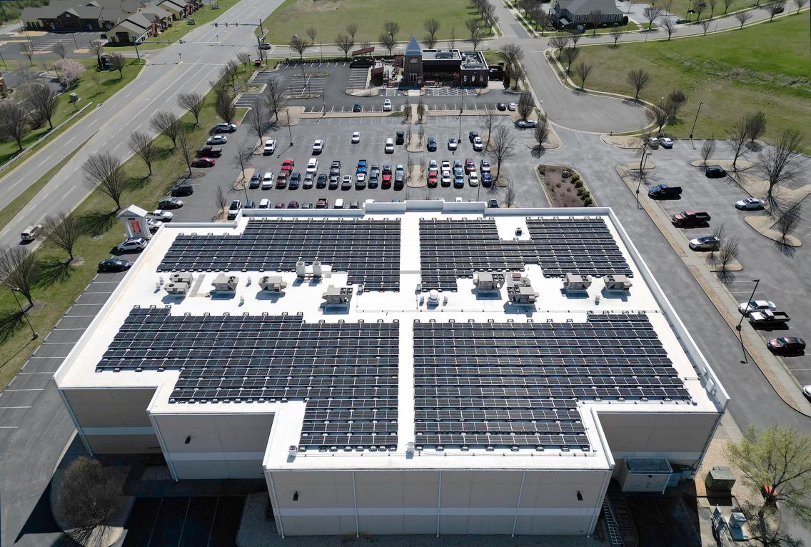 Aerial view of roof mounted solar panels on the Zeus Digital Theater in Waynesboro, VA