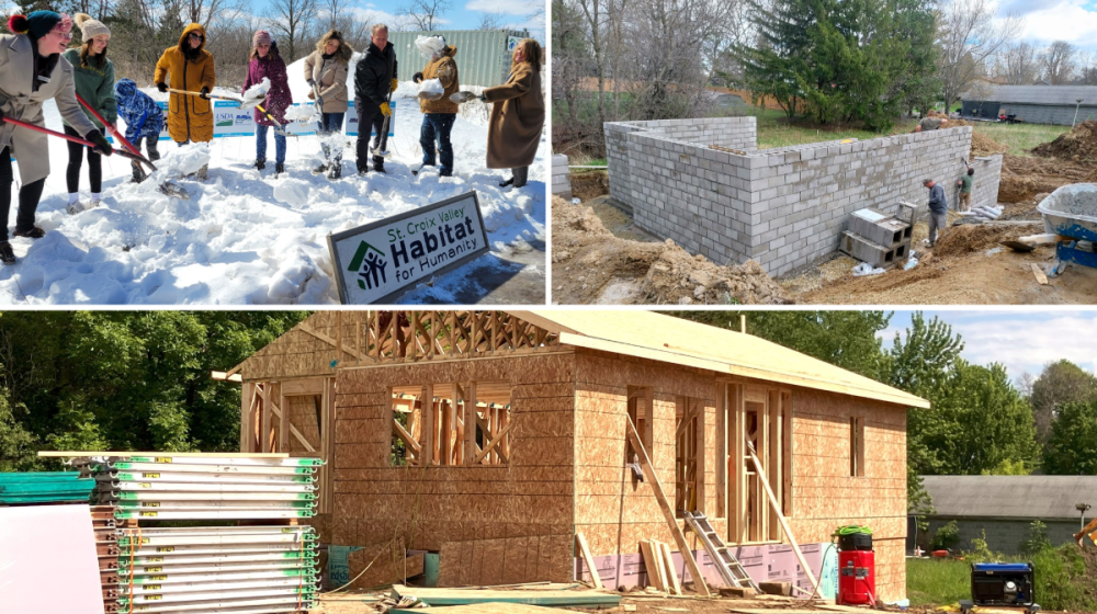 A photo collage showing a groundbreaking event, a home foundation, and home being framed.