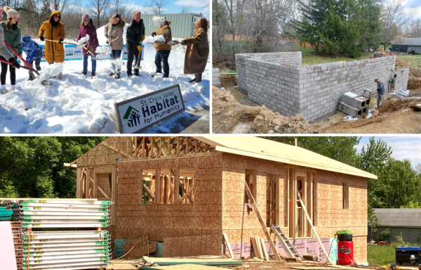 A photo collage showing a groundbreaking event, a home foundation, and home being framed.